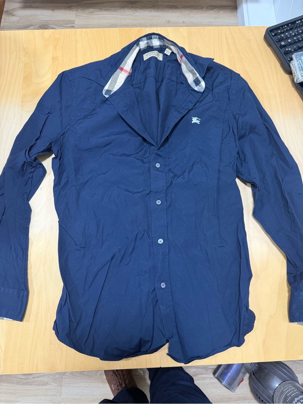 Burberry Navy Blue Long-Sleeve Button-Down Shirt with Check Trim